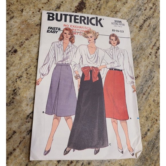 Butterick 3596 Sz 8 10 12 A Line Skirt Below Knee Ankle Length Pleat Pattern New - Picture 1 of 8